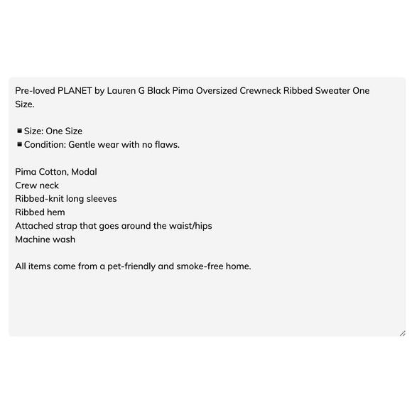 PLANET by Lauren G Black Pima Oversized Crewneck Ribbed Sweater One Size - Picture 2 of 10